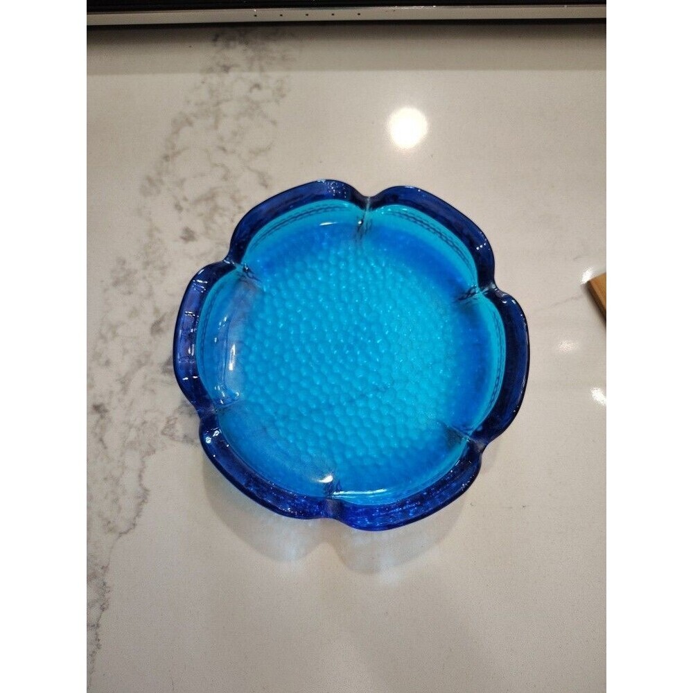 5.75" D Blue Mid Century Thick Ripple Art Glass 6 Notch Sided Ashtray VINTAGE MC